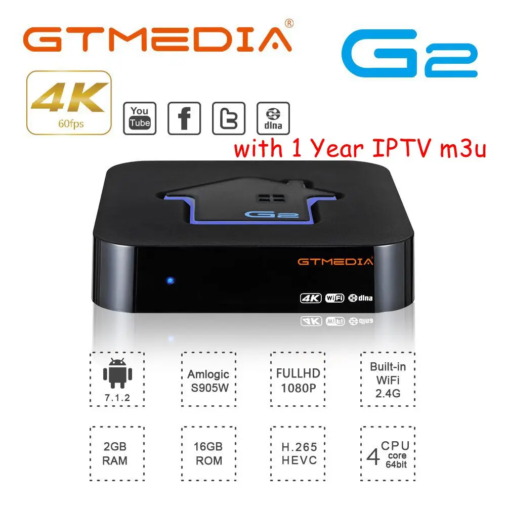 Box with IPTV 1 YEAR GTmedia G2 Смарт ТВ приставка android 7,1, 4K HDR 4 ядра 2G 16G WI-FI Google Cast Netflix IPTV Set-Top box 4 Media Player IP ТВ M3U - Цвет: Box with IPTV 1 YEAR