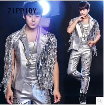 

Silver Sequins Tassel Rivets Men Individuality Jacket Vest Pant Outfit Set Male Singer Nightclub Bar Dj Stage Performance Wear