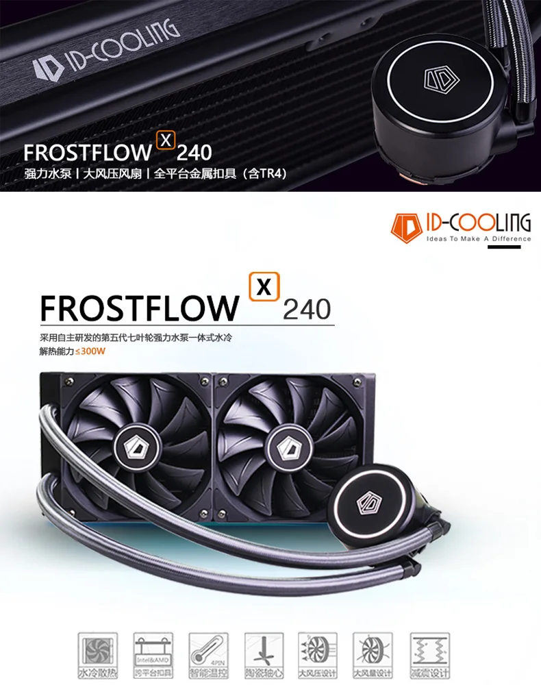 ID-охлаждение FROSTFLOW X 120 Высокопроизводительный встроенный дизельный двигатель с водяным охлаждением Процессор радиатора Многоплатформенный зажимы с TR4, AM4 и 2066