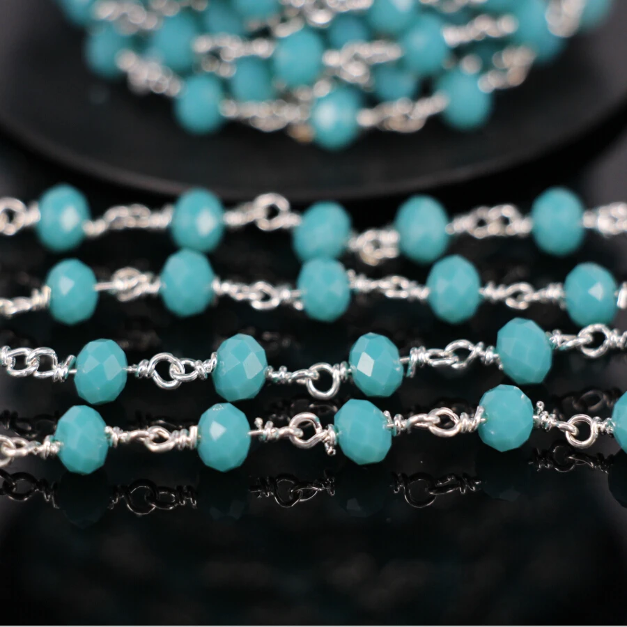 

5Meter,Faceted amazonite Rondelle Wire Wrapped Rosary Chain,amazon stone Silver Plated Chain,Women Necklace Jewelry Findings