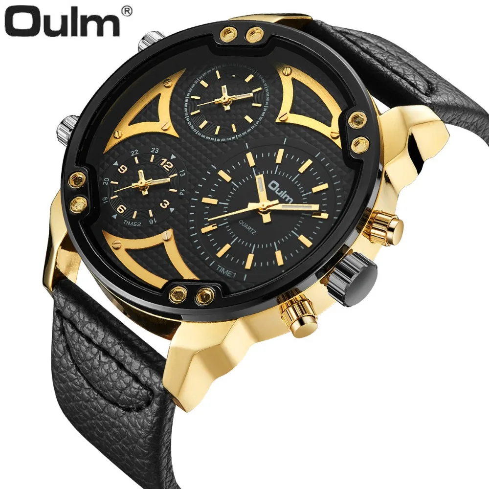 OULM Мужские часы Топ бренд класса люкс золотые кварцевые мужские кожаный ремешок