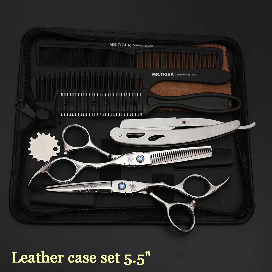 leather case set Хорошо заточенные японские 6 дюймов Парикмахерские ножницы для стрижки волос Профессиональные Парикмахерские ножницы набор 5,5 Makas бритва - Цвет: leather case set