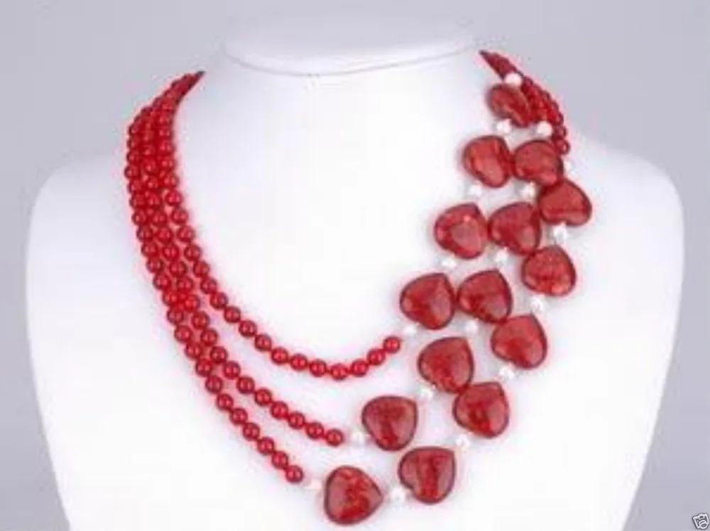 

Hot sale Free Shipping>>3Rows Red Heart White Pearl Red Necklace