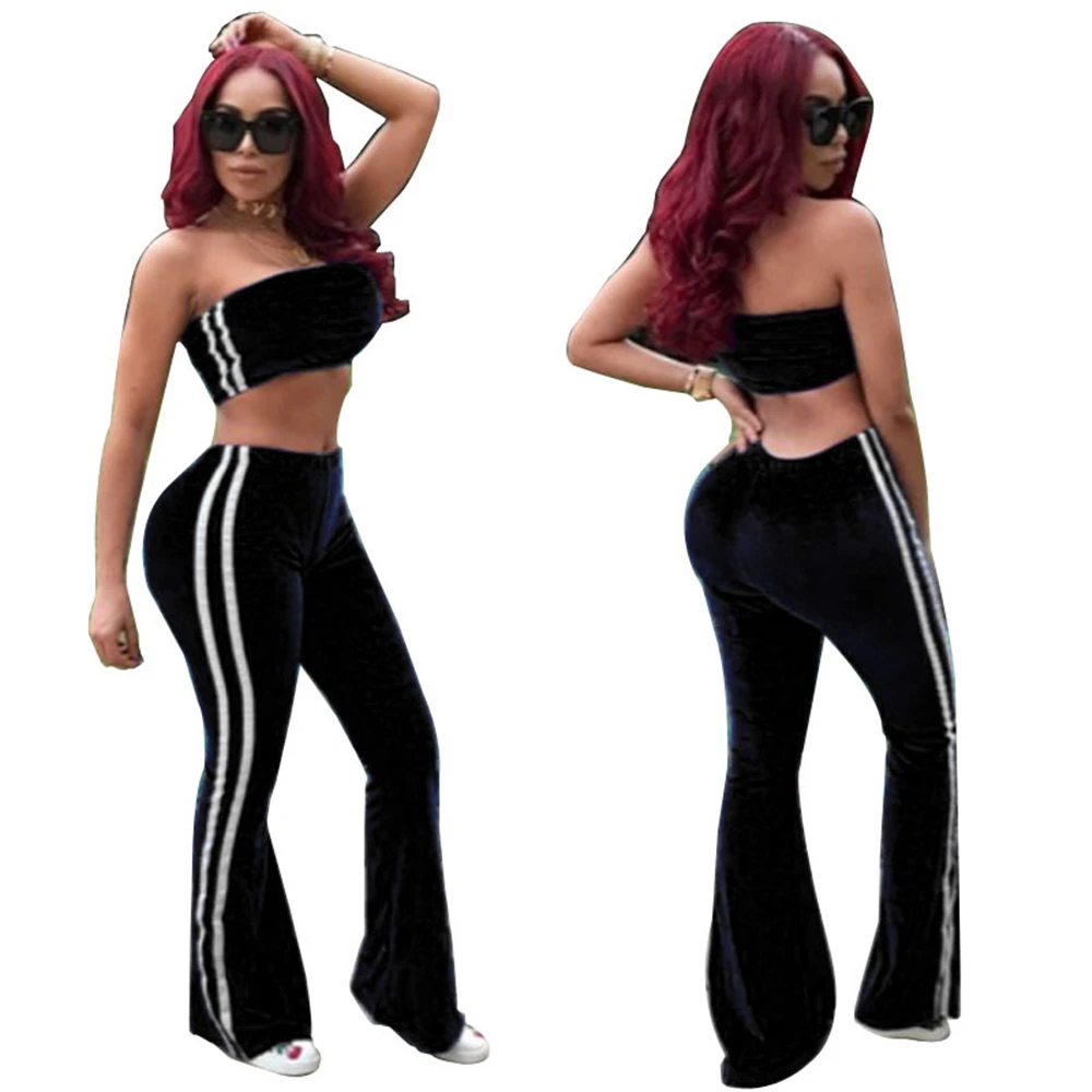 Полоса сращены бархат костюм зимний комплект из двух предметов кроп топы и штаны
