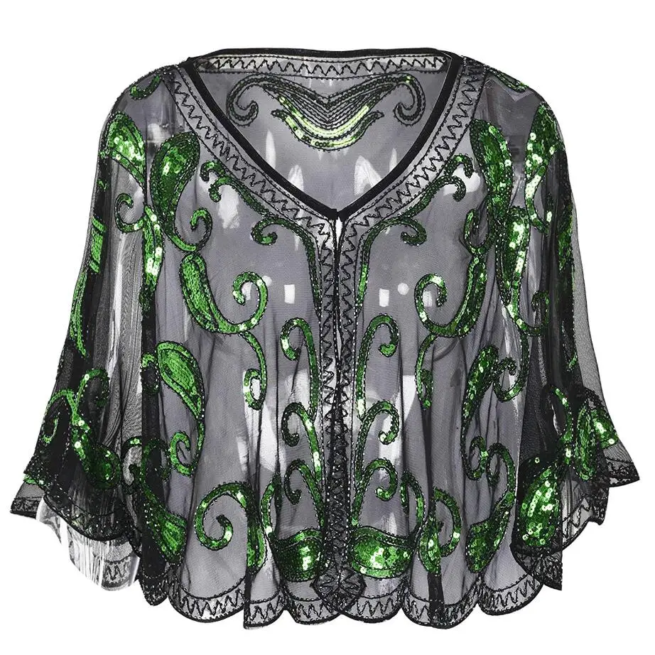 Black Green JaneVini Blingbling расшитый блестками женский плащ вышитая бисером Свадебная кофта Болеро шаль черные Серебряные Блестки вечерние свадебные куртки палантин - Цвет: Black Green