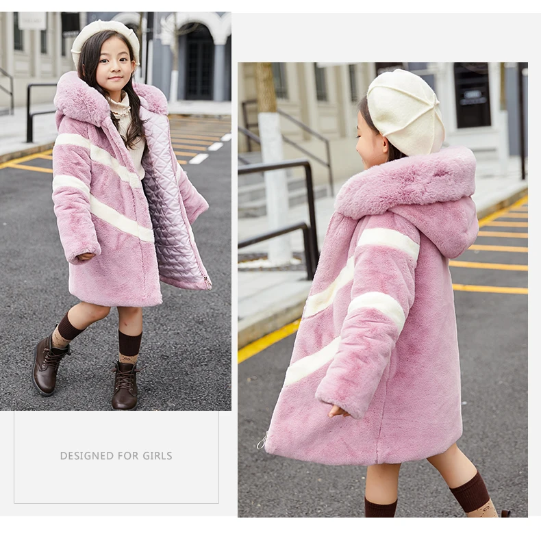 Зимнее пальто с большим искусственным мехом для девочек коллекция года, плотное пуховое теплое пальто для девочек детская одежда плотное вельветовое пальто