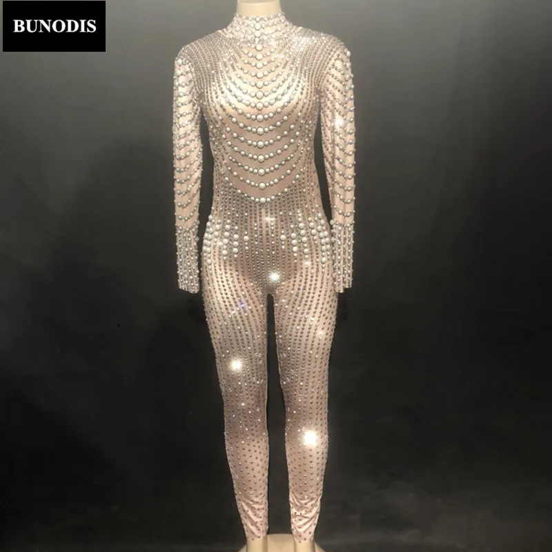 ZD246 Women Sexy Bling Jumpsuit Sparkling Pearls Crystals Nightclub Party Dancer Singer High-End Bodysuit Stage Wear Clothing