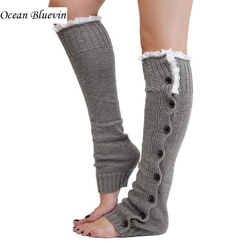 

Fashion Women's Long Leg Warmers for Boots Solid Color Knitting Lace 7 Color Choose Spring Winter Warm High Knee Button Polainas