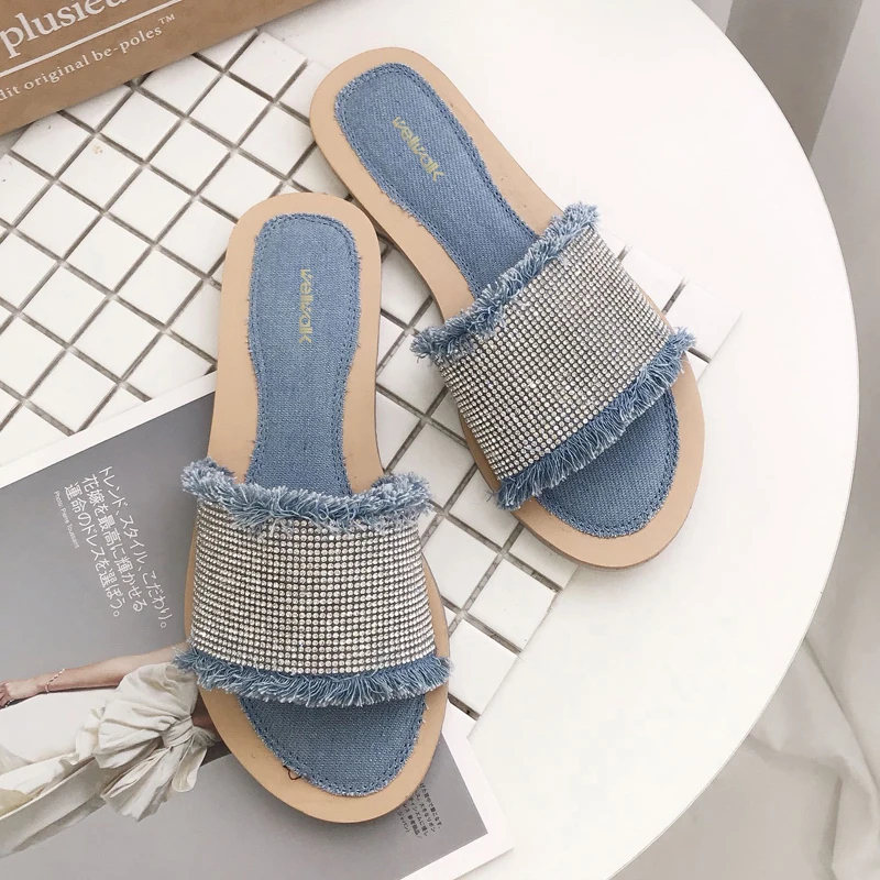 Wellwalk Woman Crystal Jean Slippers Comfort Ladies Flat Foldable Slides Round Toe Summer Shoes Female Tassel Slipper | Обувь