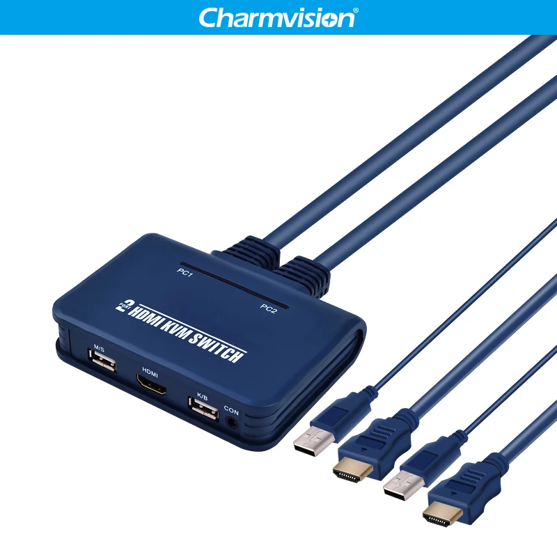 Charmvision HK21 2 Port PC hosts USB HDMI 4K KVM Switcher build-in 1.5m HD extension line Button Hotkey Switching Controller