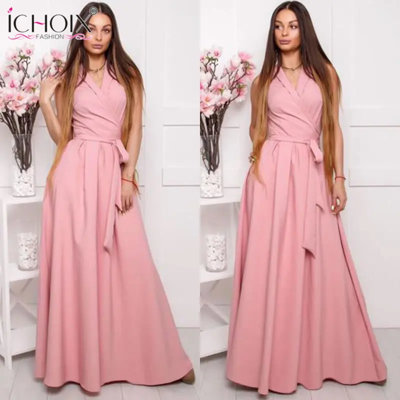 Элегантные летние длинные платья женщин без рукавов V образным вырезом
