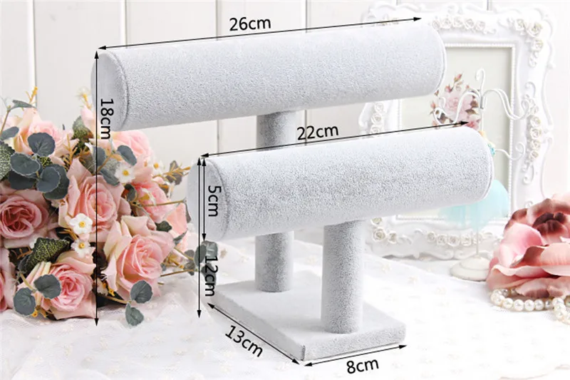 Quality 2 Tiers T-Bar Velvet Bangle Bracelet Watch Holder Jewelry Display Stand Gray Plush Displaying Bar New Supply#B10
