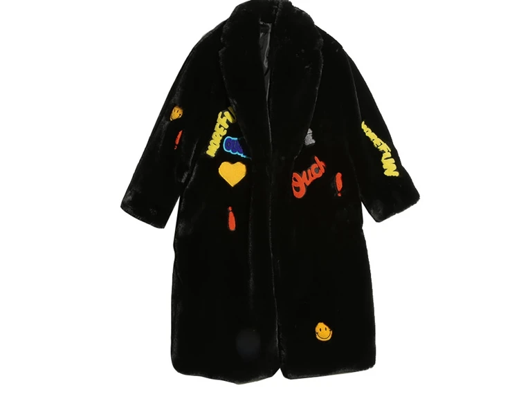New fashion Long Warm Winter Faux Fur Coat Ladies long sleeve Army Green Yellow Embroidery Letter Outwear Female coat