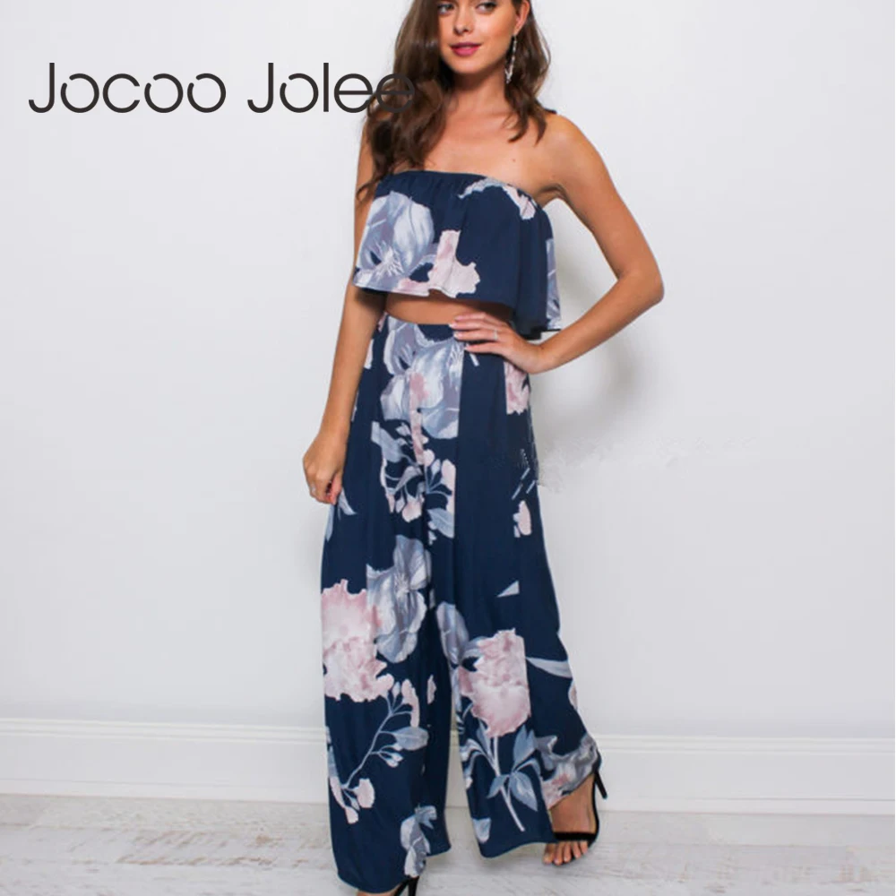 

Jocoo Jolee Elegant Floral Prink Jumpsuit Popular Off-Shoulder Elastic Bandage Pants Streetwear backless Side Split Pants 2Pcs