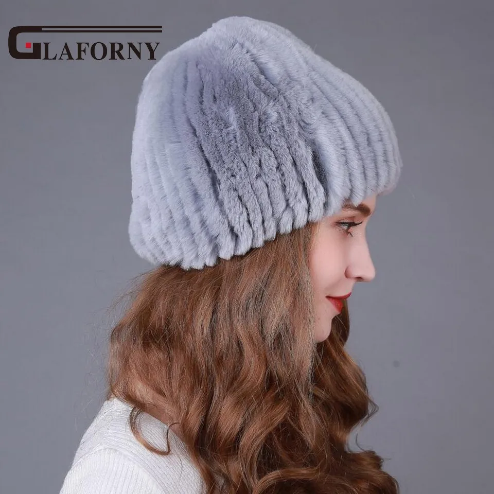 Женская вязаная шапка Glaforny меховая из натурального меха Рекс и кроличьего с