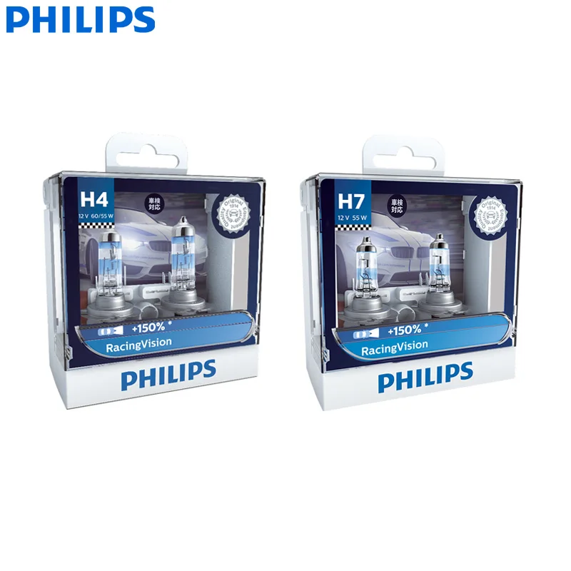 Philips Racing Vision H4 H7 9003 HB2 12 В+ 150% более яркий светильник, авто галогенный головной светильник HL луч ECE автомобильные лампы(двойная упаковка