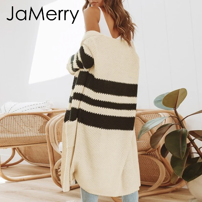 JaMerry Vintage striped knitted cardigan women 2019 Autumn winter long sweater female Casual pockets loose lady beige cardigans |