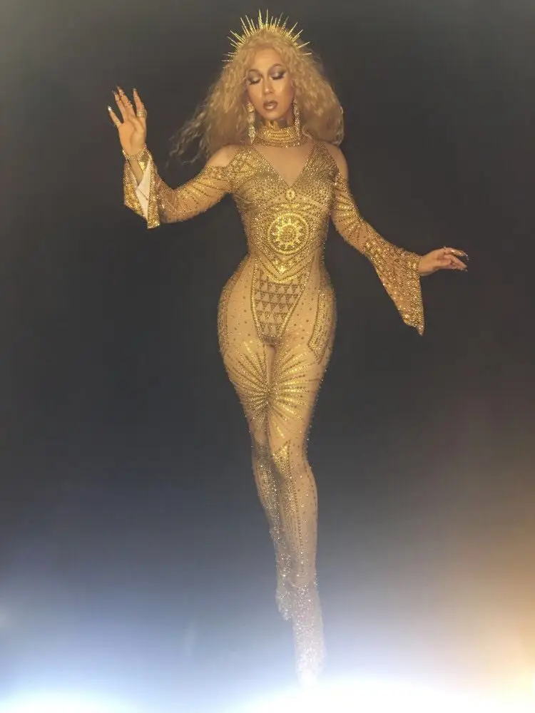 Модный золотистый комбинезон Стразы телесного цвета сексуальный красивый