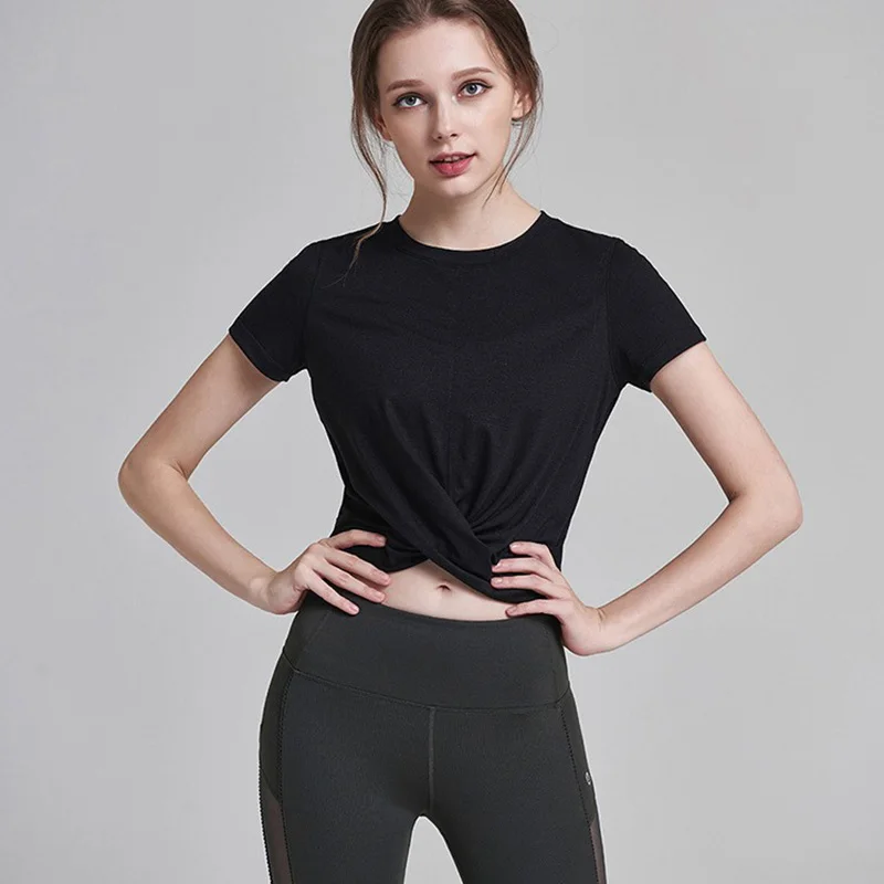 Black SALSPOR, одноцветные рубашки для йоги, Женская дышащая удобная спортивная футболка со складками, майка для спортзала, бега, йоги, майка для фитнеса, женская рубашка - Цвет: Black