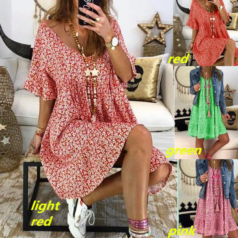 

Women Fashion Sexy Deep V Neck Floral Print Shirt Dress Ladies Loose Fit Knee Length Dress Plus Size