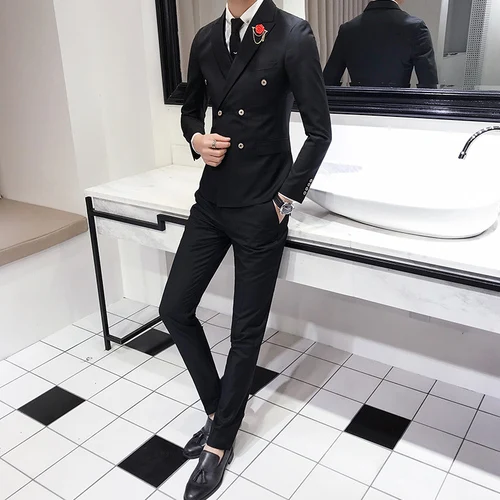 3-piece set black Комплект из 3 предметов/мужской двубортный сплошной цвет Тонкий костюм, модные деловые повседневные Блейзер однотонного цвета, свадебный банкет платье комплект - Цвет: 3-piece set black