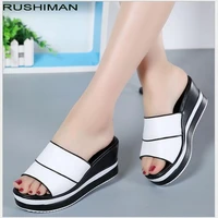 summer women slippers shoes genuine leather open toe high heels flip flops mules shoes women white slides sandals