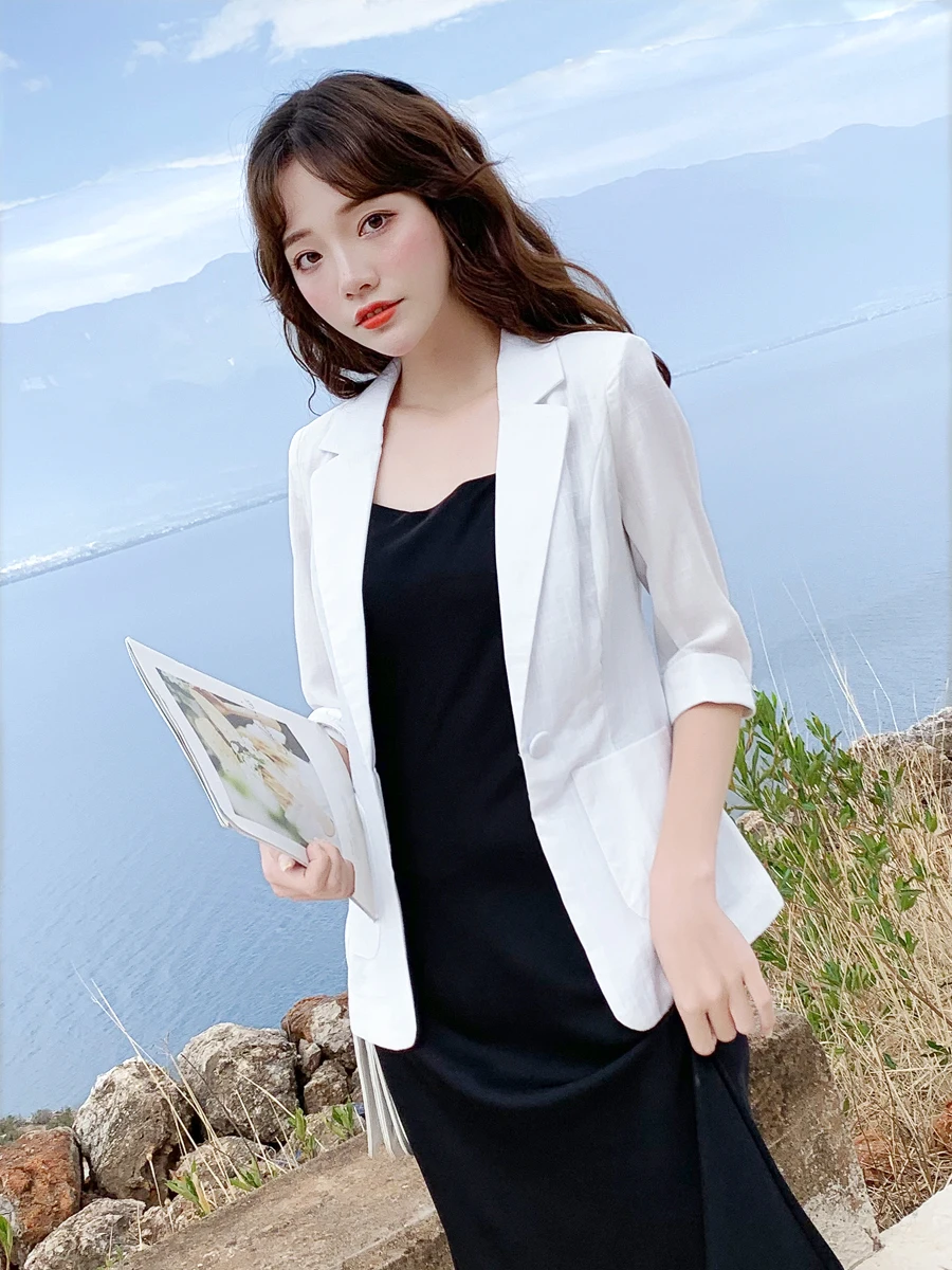Linen small suit female one button coat thin section summer white black cotton linen Slim casual seven-point sleeve | Женская одежда