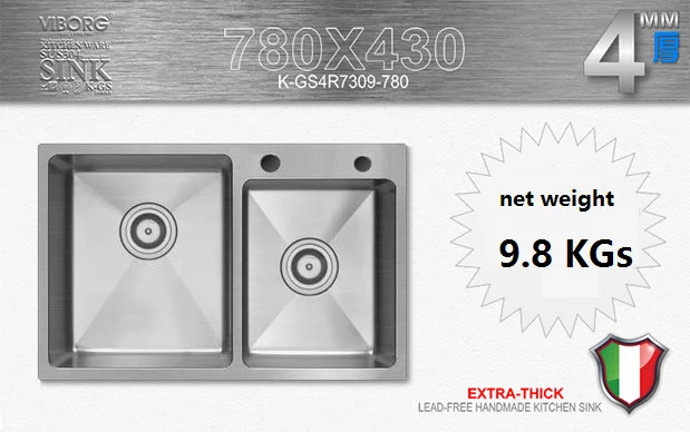 780x430x220 мм) VIBORG Deluxe ручная работа сверхтолстая 304 нержавеющая сталь Верхнее Крепление Двойная чаша кухонная раковина