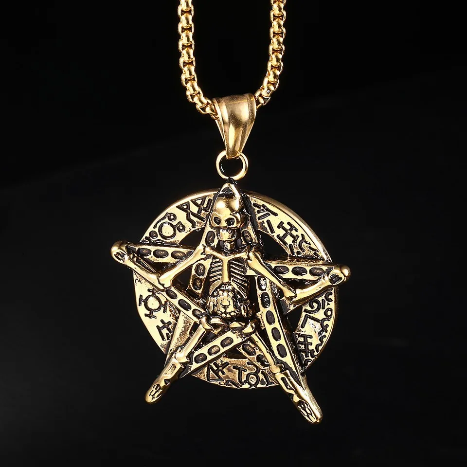 RIR Gothic Silver Gold Skull Five-pointed Star Satanic Pendant Necklace Punk Rock Style Round Pendant For Men Fashion Jewelry