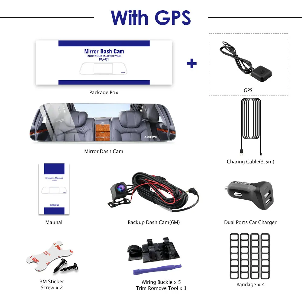 With GPS AZDOME PG01 супер ночного видения зеркало видео рекордер двойной объектив HD 1080P+ 720P видеорегистратор 5," ips сенсорный экран заднего вида DVR - Название цвета: With GPS
