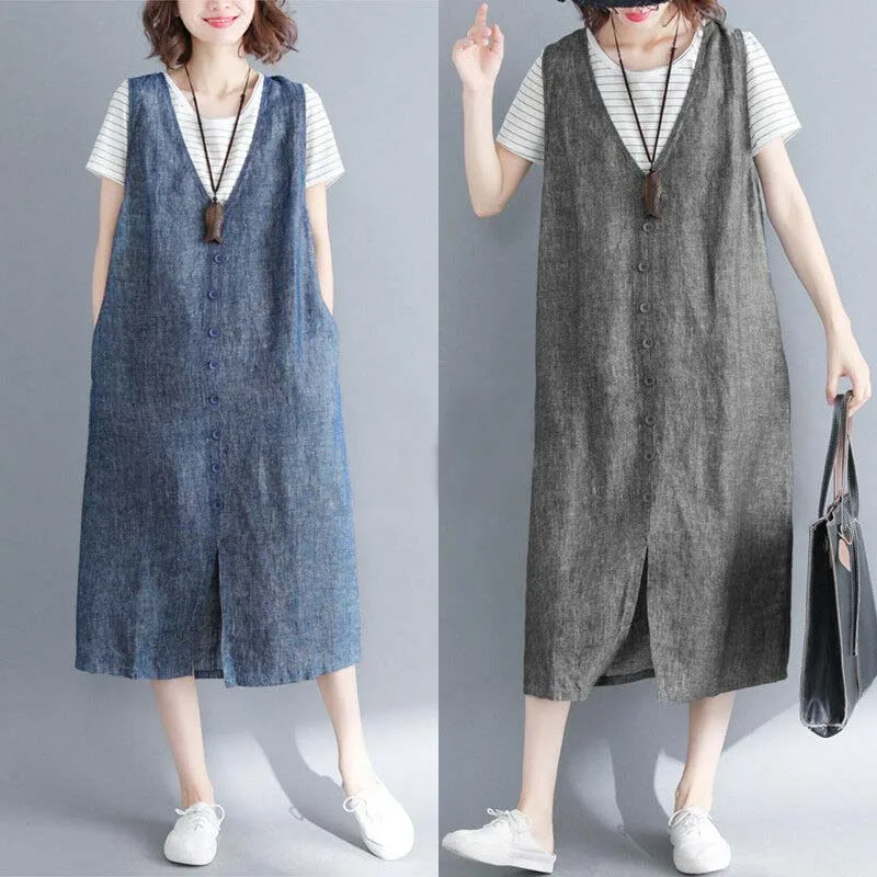 

Women Sleeveless Summer Tank Dress Casual Split Hem Long Shirt Dress Plus Size