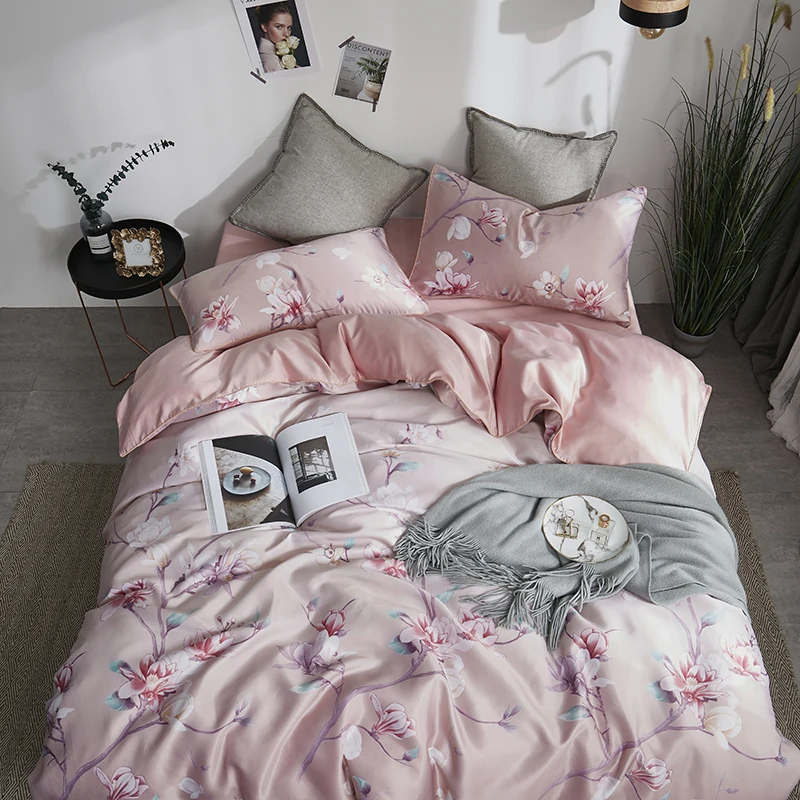 Новый мягкий Шелковый сатин 4 шт. простыня розовый цветок с растениями двойное