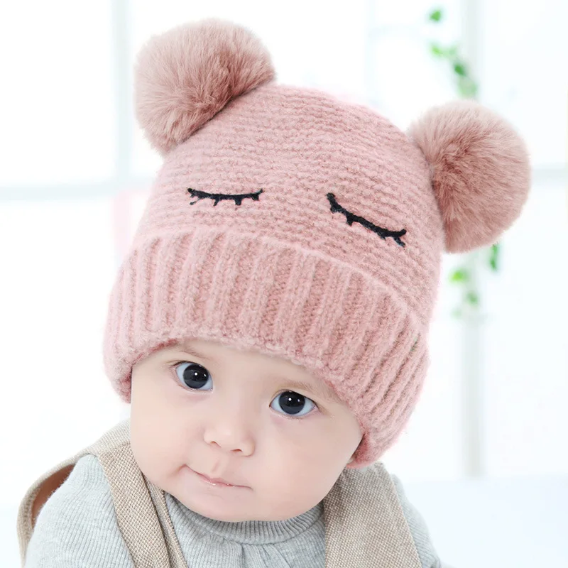 pink Зимняя Милая шапка для новорожденных, шапка, капот вязаный крючком помпон для маленьких девочек и мальчиков, вязанная теплая шапка, детская шапка, шапочка, Muts casquette enfant - Цвет: pink