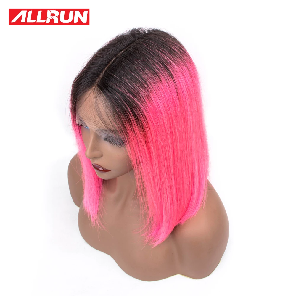 Allrun Short Lace Human Hair Wigs Preplucked remy Tb/Pink Brazilian Ombre Bob Wig Middle Part Natural Line | Шиньоны и парики