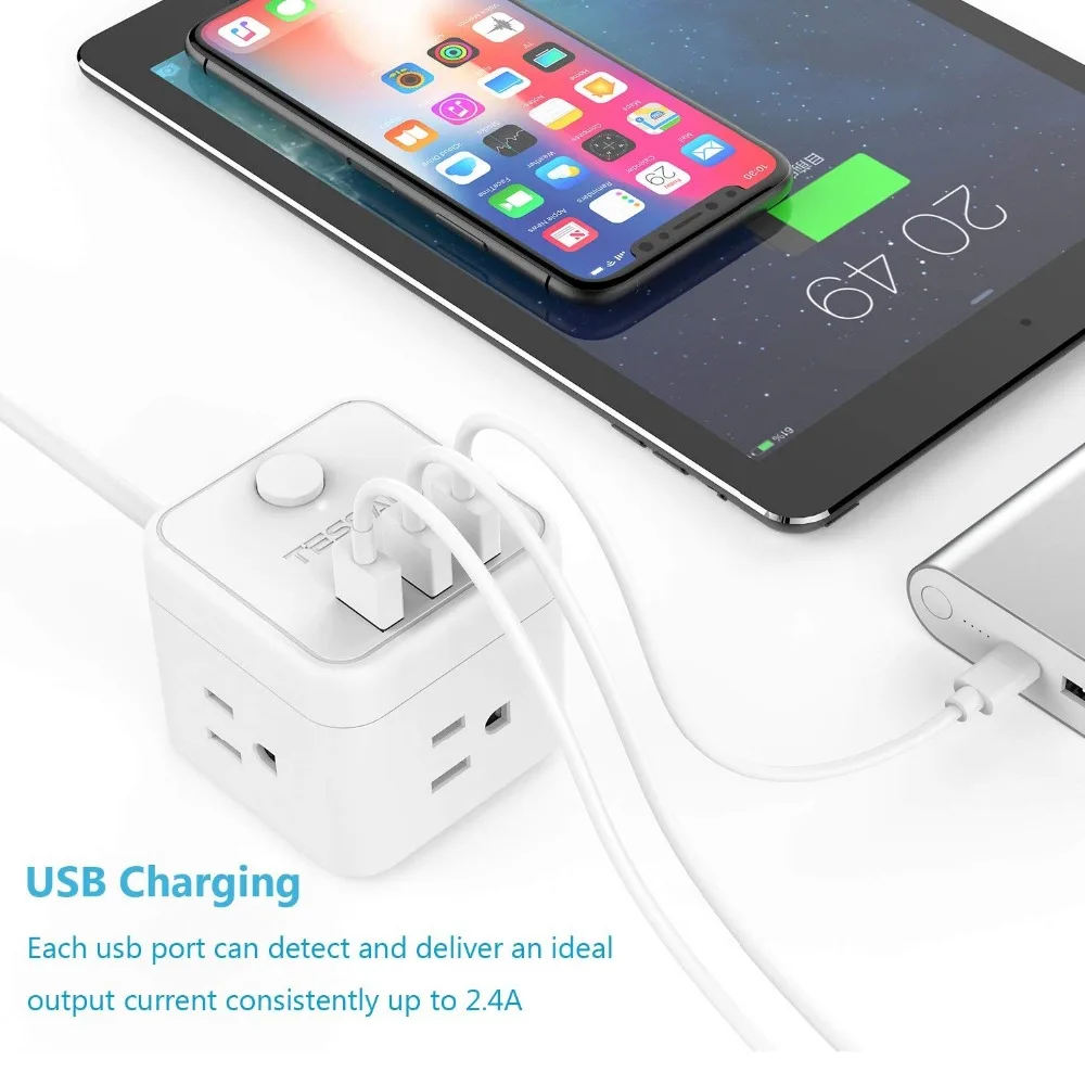 Портативная силовая лента Tessan с 3 usb-портами и 1 штепсельной вилкой США, 3 штепсельной вилкой США, зарядная станция с 5 футовым удлинителем для розетки США