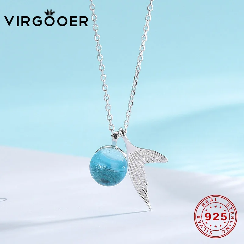 virgooer s925 silver Mermaid Tail Blue Pendant Necklace for women elegant jewelry gift Foam Crystal Necklaces wholesales | Украшения и