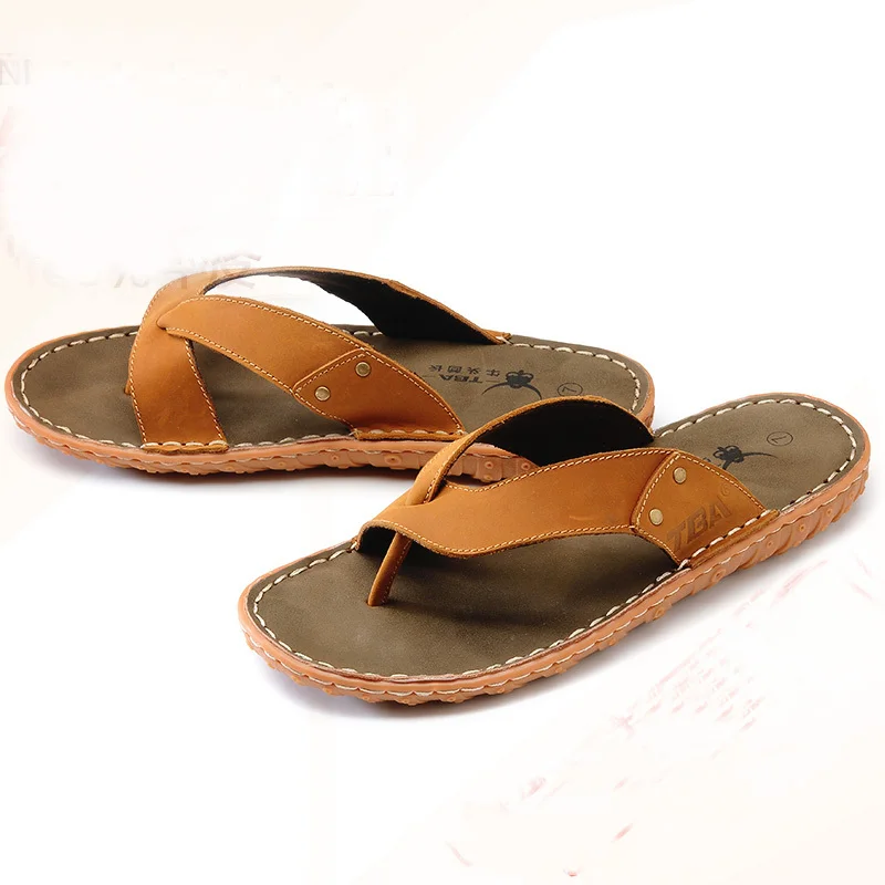 TBA Men's Summer Fashion Trend Genuine Leather Anti-skid Sandals &amp Flip Flops Male Outdoor Soft Bottom Lower Price Beach Shoes |