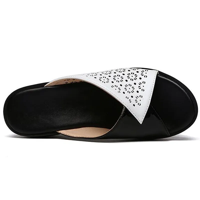 

2019 New Spell Color Hollow Cowhide Leather Slippers Women Sandals Wedges High Heel Slipper Fashion Sandals Women Casual Sandals