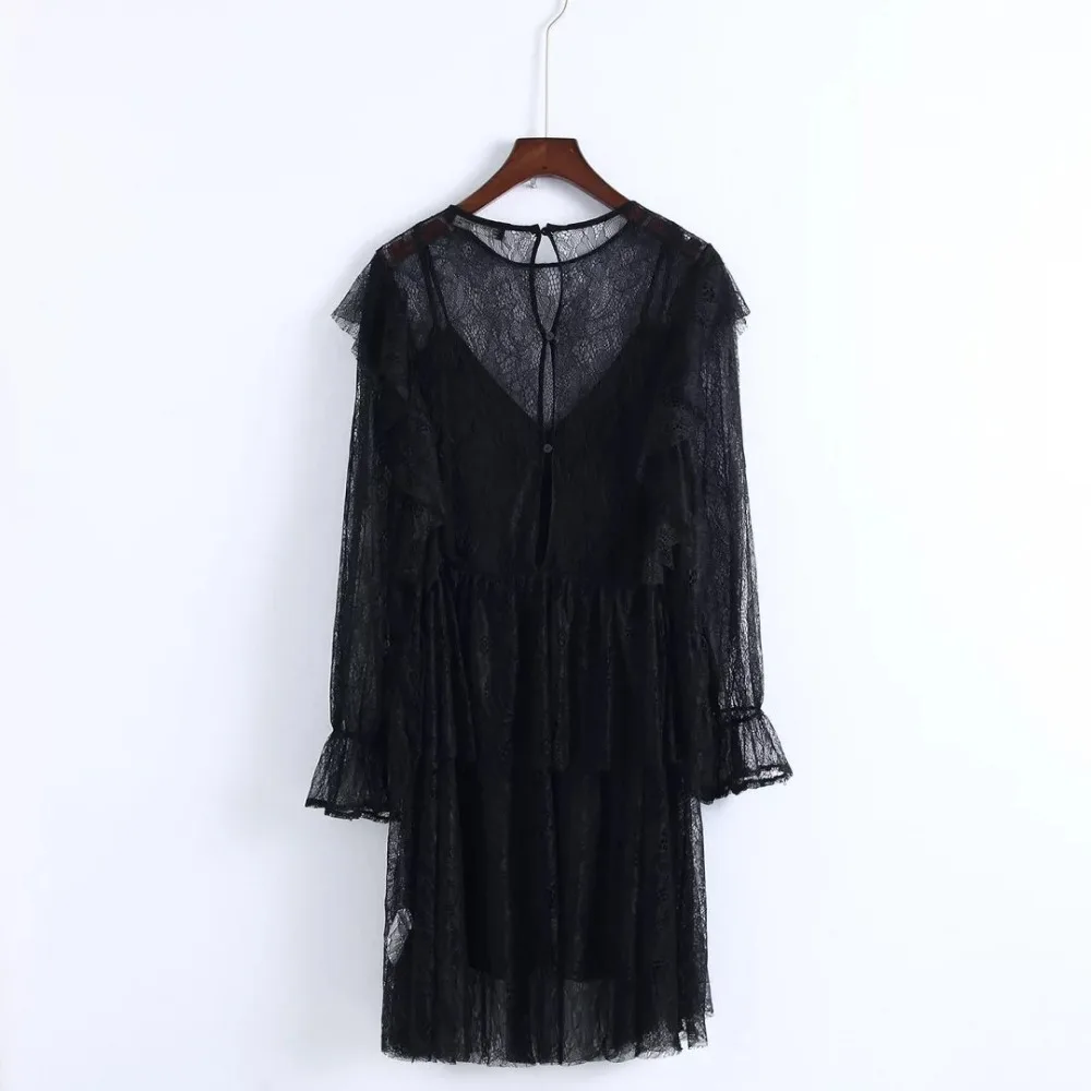 Летняя Новинка 2017 г. Черное Платье многослойное Кружево платье спинки