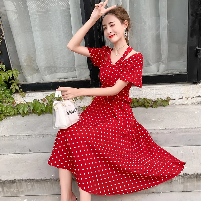 

Elegant o Collar Polka Dot Chiffon Women Dress short Sleeve Female Dress 2019 summer Women Midi Vestidos