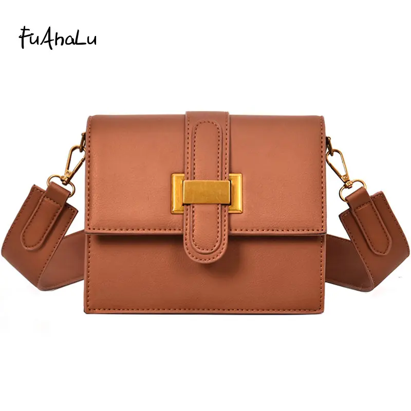 FuAHaLu   New women's shoulder bag wide shoulder strap small square bag Joker lock Messenger bag