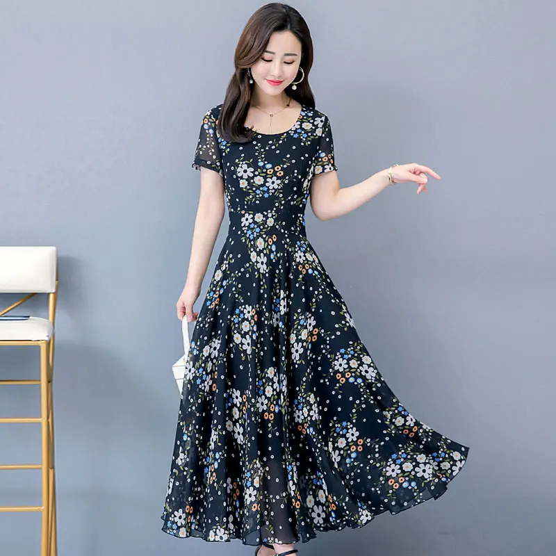 Plus size Women Dress 2019 summer Short sleeve Floral Print Vintage Chiffon European Style Slim Waist A Line pleated long Dresse | Женская