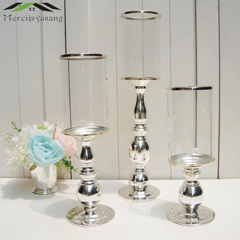 3 шт./лот новые металлические серебристые подсвечники со стеклянной подставкой