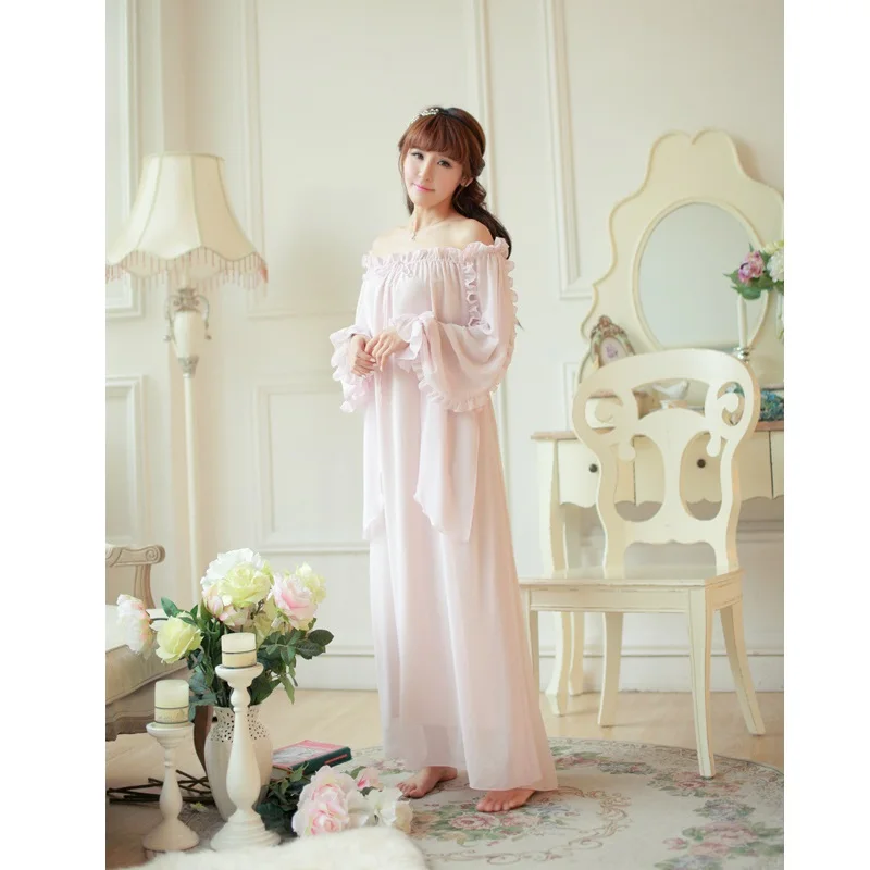 Женская одежда для сна осенняя винтажная с оборками шифон принцесса длинные