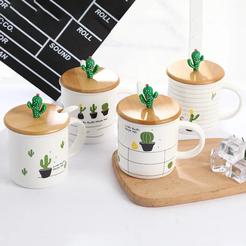 Cactus 1 шт., скандинавский кактус, керамическая кружка для завтрака, молока, кофе, фламинго, чашка с ложкой, крышка, для дома, офиса, питьевой воды, чашки, креативный подарок - Цвет: Cactus