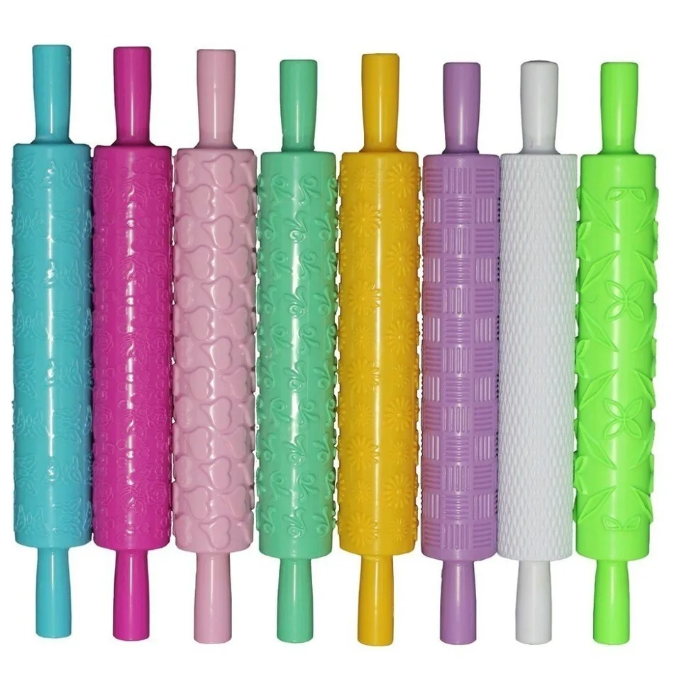

8pcs/set Colourful Plastic Embossed Textured Patterned Fondant Rolling Pins Cake decorating Baking Tools DIY Gift