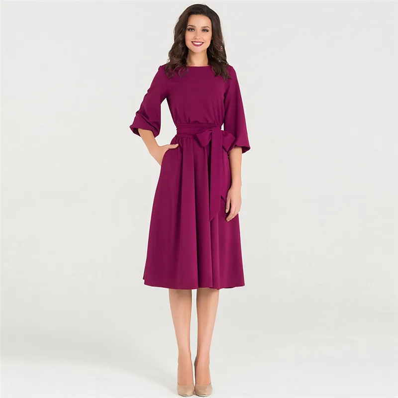 

Green Dress Women Wine Red S-2XL Plus Size Knee-length Dresses 2019 New Spring Autumn Bow Elegant Loose Slim Dress Vestido LD984