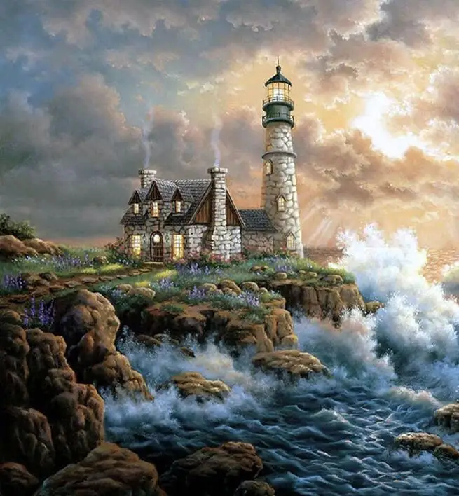 Full Square/Round Drill 5D DIY Diamond Painting "Sea lighthouse" 3D Embroidery Cross Stitch Mosaic child decoration Gifts YU443 - Color: Army green