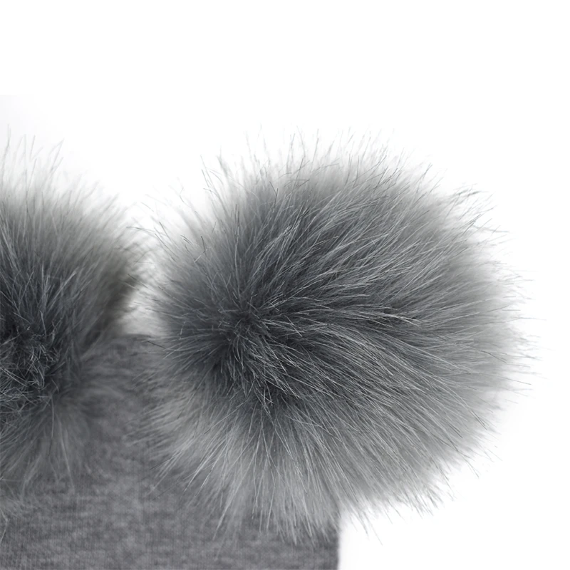 

KLV Kids Warm Winter Caps Double Fur Pom Pom Beanie Wool Knitted Hat Baby Boys Girls Two Raccoon Balls Cap 7 Colors
