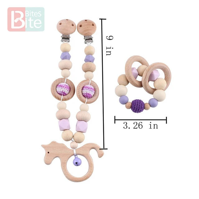 Purple Set 3 1 Набор детских деревянных прорезывателей для зубов, Соска-пустышка, цепочка с зажимом, буковое кольцо для грызунов, детская погремушка для кормления, пищевая игрушка из силиконовых бусин - Цвет: Purple Set 3